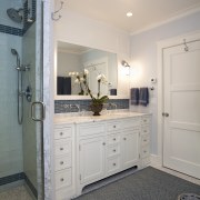 This family bathroom features painted wood cabinets with bathroom, cabinetry, countertop, floor, home, house, interior design, kitchen, room, gray