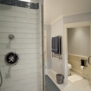 This family bathroom features painted wood cabinets with bathroom, ceiling, floor, flooring, home, interior design, room, tile, wall, gray