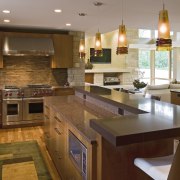 View of contemporary kitchen. - View of contemporary countertop, flooring, interior design, kitchen, real estate, room, brown