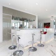 View of light toned kitchen with marble floor countertop, interior design, kitchen, property, real estate, room, white, gray