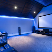 Outdoor night shot of contemporary house and pool blue, interior design, light, lighting, room, technology, blue