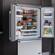 View of open fridge with freezer drawer and display case, home appliance, kitchen appliance, major appliance, product, refrigerator, gray, black