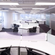 View of desks with dark carpeting. - View interior design, office, product design, white