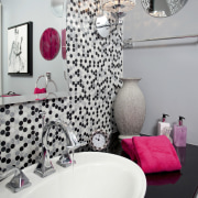 View of contemporary bahtroom with mosaic splashback and bathroom, design, interior design, pattern, pink, plumbing fixture, purple, room, textile, wall, gray