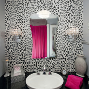 View of contemporary bahtroom with mosaic splashback and bathroom, ceiling, floor, interior design, pink, purple, room, tile, wall, gray