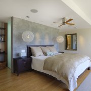 View of bedroom with wooden flooring, double bed bed frame, bedroom, ceiling, estate, floor, home, house, interior design, real estate, room, suite, wall, gray