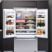 View of fridge with open doors, freezer drawer display case, home appliance, kitchen appliance, major appliance, product, refrigerator, shelf, shelving, gray, black
