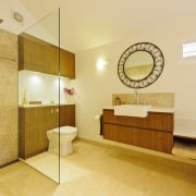 View of contemporary bathroom with round mirror and bathroom, floor, home, interior design, property, real estate, room, orange