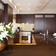 Dark wooden cabinetry, dark coloured benchtop, white walls ceiling, countertop, interior design, kitchen, real estate, room, brown, gray