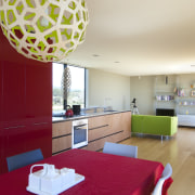 View of dining area with red table and apartment, architecture, ceiling, home, house, interior design, living room, real estate, room, table, red, white