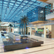 View of interior with palms and turquoise lighting. interior design, leisure, lobby, shopping mall, teal