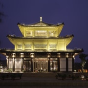 View of exterior at night. - View of architecture, building, chinese architecture, classical architecture, evening, facade, landmark, lighting, night, sky, temple, tourist attraction, blue, black