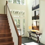 Wooden stairs with grey tile flooring and small architecture, daylighting, door, floor, flooring, handrail, hardwood, home, house, interior design, stairs, window, wood, wood flooring, yellow, white