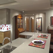 bar seating area, splashbak with grey and red interior design, living room, real estate, room, brown, gray