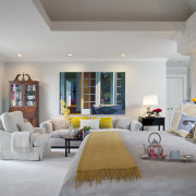 View of bedroom with white bedspread, yellow throw ceiling, estate, home, interior design, living room, property, real estate, room, wall, gray