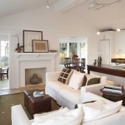 Lounge with white couches, brown cushions and wooden ceiling, home, interior design, living room, real estate, room, gray