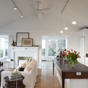 Lounge with tiled flooring, white couches and wooden architecture, ceiling, daylighting, home, house, interior design, kitchen, living room, real estate, room, table, gray