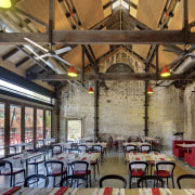 View of dining area with red seats and interior design, restaurant, brown, gray