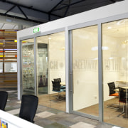 View of meeting room separated by glass wall. interior design, yellow
