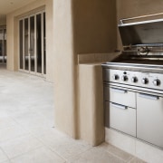 View of Fisher &amp; Paykel barbeque. - View countertop, cuisine classique, floor, flooring, home appliance, kitchen, property, real estate, tile, gray, brown