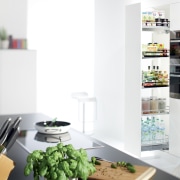 View of kitchen with plant and knifeblock in furniture, home appliance, interior design, kitchen appliance, product, product design, refrigerator, shelf, shelving, small appliance, table, white