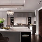 View of kitchen with dark wooden flooring and ceiling, countertop, cuisine classique, interior design, interior designer, kitchen, gray, black