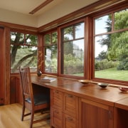 Desk area with wooden drawers and view out door, estate, home, house, real estate, window, wood, brown, red