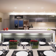 View of kitchen and dining area with table ceiling, countertop, interior design, kitchen, real estate, white