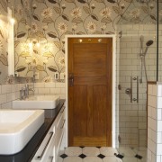 Bathroom with flower patterend wall paper, brick wall bathroom, ceiling, floor, flooring, home, interior design, room, tile, wall, brown