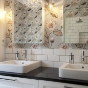 Bathroom with flower patterend wallpaper and vanity with bathroom, ceiling, ceramic, countertop, floor, home, interior design, room, sink, tile, wall, gray