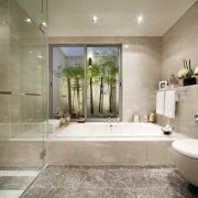 A landscaped garden outside this glamorous master suite architecture, bathroom, estate, floor, home, interior design, property, real estate, room, tile, gray, brown