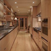 pale wooden floors and cabinetry, dark benchtops, tiled cabinetry, ceiling, countertop, cuisine classique, floor, flooring, hardwood, interior design, kitchen, room, wood, wood flooring, brown, orange