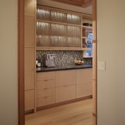 pale wooden floors and cabinetry, dark benchtops, tiled bookcase, cabinetry, closet, cupboard, furniture, hardwood, room, shelf, shelving, wood, brown, orange