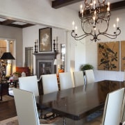 Dining room, white furniture, chandelier, wall art ceiling, dining room, furniture, home, interior design, living room, room, table, gray