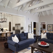 dinign area and living area, painted beams, view ceiling, home, interior design, living room, loft, property, room, gray