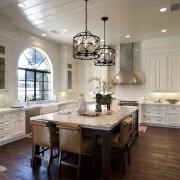 full view of kitchen, central island with chairs cabinetry, ceiling, countertop, cuisine classique, dining room, home, interior design, kitchen, room, gray, brown