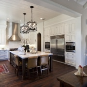 full view of kitchen, central island with chairs cabinetry, ceiling, countertop, cuisine classique, floor, flooring, interior design, kitchen, living room, room, gray