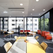 View of study area with orange seats and architecture, ceiling, conference hall, institution, interior design, office, table, gray