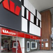 View of Westpac with red, black and white architecture, building, facade, gray