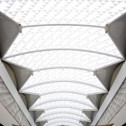 View of ceiling in mall with Fusion air angle, architecture, ceiling, daylighting, line, roof, structure, symmetry, white, gray