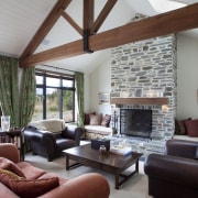 View of lounge with exposed ceiling beams, stone ceiling, estate, home, house, interior design, living room, property, real estate, room, window, gray