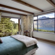 View of bedroom with green bedspread and view architecture, bedroom, ceiling, estate, home, house, interior design, property, real estate, room, window, window covering, window treatment, gray