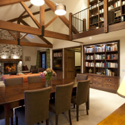 View of dining area with brown seats, wooden café, ceiling, dining room, interior design, liquor store, lobby, real estate, brown