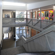 View of stairs between two storeys. - View apartment, architecture, building, glass, handrail, interior design, lobby, stairs, gray, black