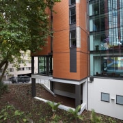 Exterior view of halls of residence. - Exterior apartment, architecture, building, condominium, facade, home, house, mixed use, neighbourhood, property, real estate, residential area, tree, window, brown
