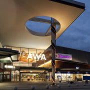 Exterior view of mall at dusk. - Exterior architecture, building, lighting, sky, black, brown