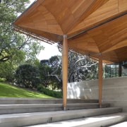 Exterior of Auckland Art Gallery, showing stainless facade. architecture, house, outdoor structure, pavilion, roof, structure, wood, brown, gray