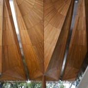 View of exterior facade of Auckland Art Gallery. architecture, beam, ceiling, daylighting, line, roof, structure, wood, brown, orange