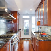 timber flooring and cabinetry, high glass door cabinets cabinetry, ceiling, countertop, cuisine classique, hardwood, home, interior design, kitchen, real estate, room, wood flooring, gray, red