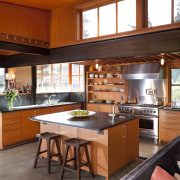 kitchen with stainless rangehood and oven, island in cabinetry, ceiling, countertop, cuisine classique, interior design, kitchen, wood, brown